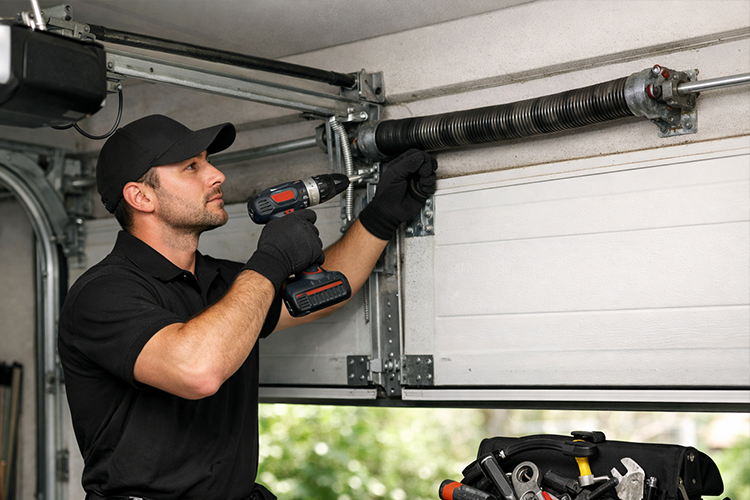 Garage door repair technician fixing spring in black uniform