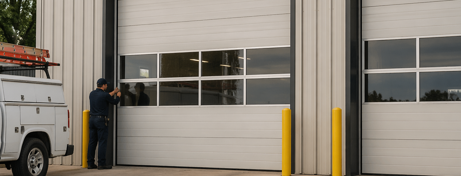 Commercial garage door repair technician fixing industrial overhead door at business facility
