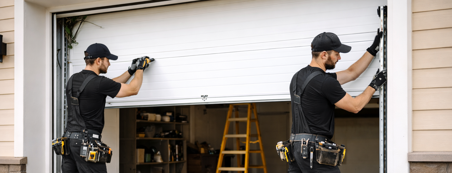 Garage door installation with technicians in black uniform