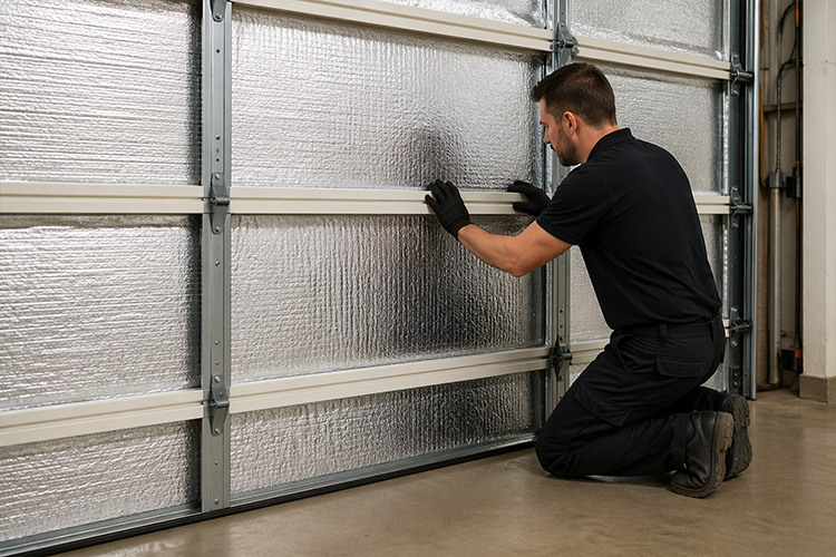 Garage door insulation installation with technician in black uniform