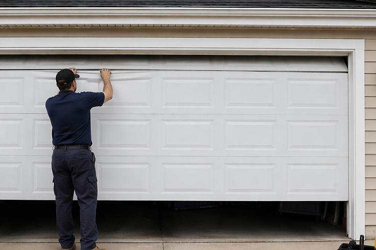 Garage door repair technician fixing residential garage door