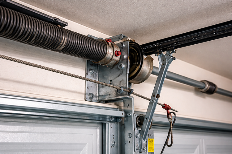 Technician installing garage door in residential home